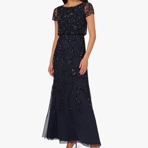 Adrianna Papell Womens Blouson Beaded Embellished Dress Navy Black Size 4